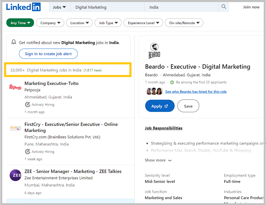 digital marketing jobs on LinkedIn 