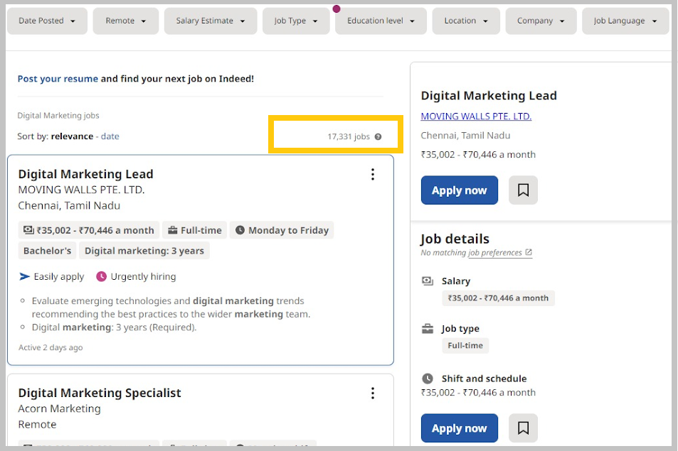 digital marketing jobs on Indeed