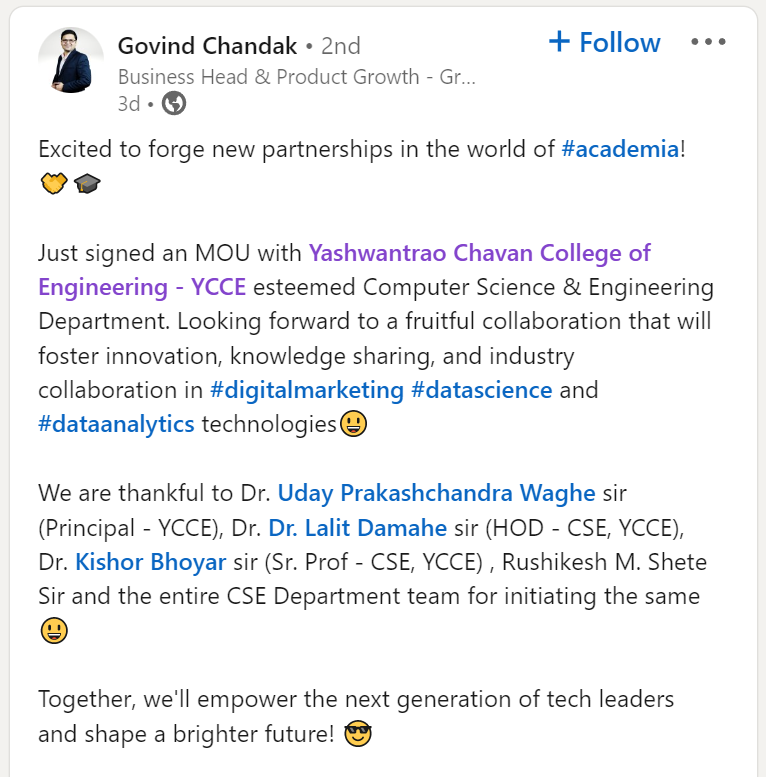 linkedin post of growthacad and ycce announcement