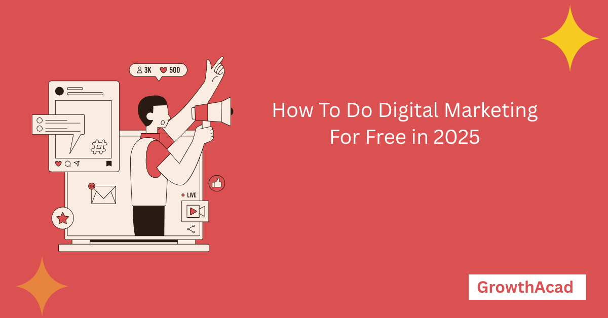 Illustration of a person with a megaphone promoting content online, symbolizing free digital marketing strategies in 2025.